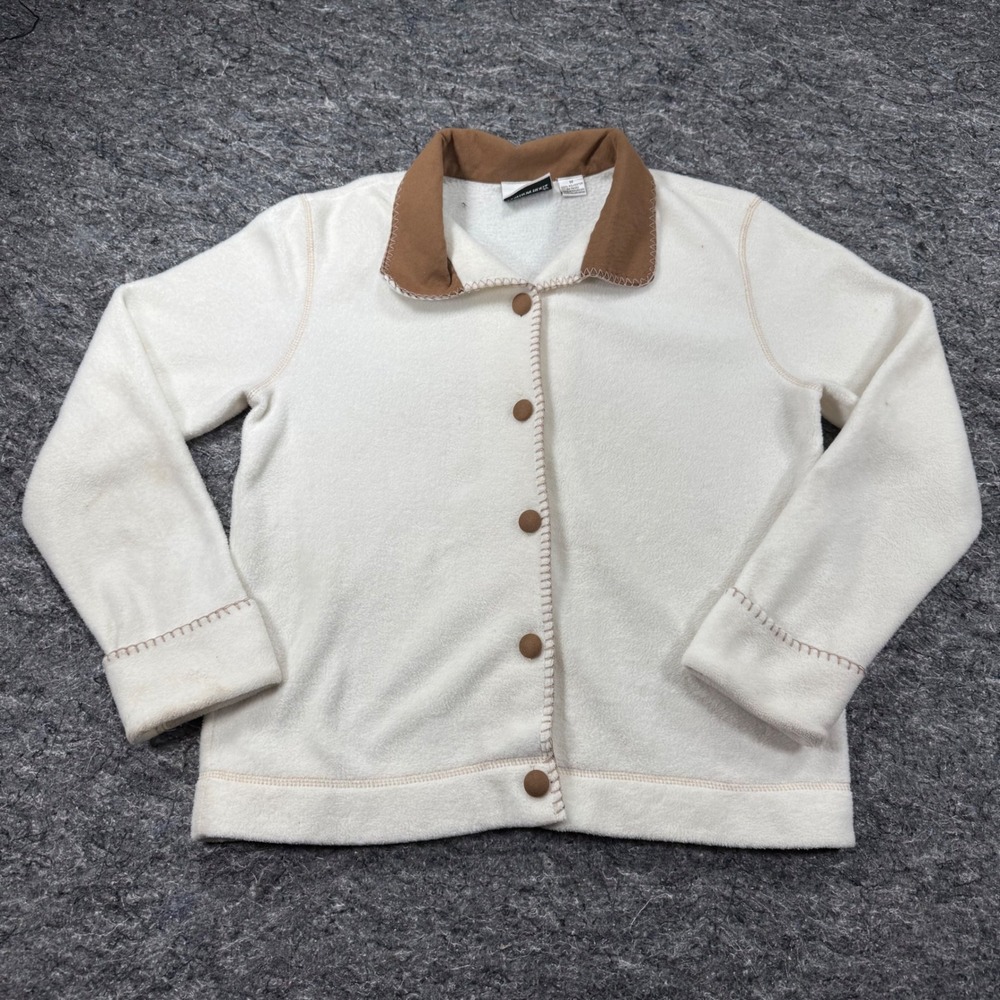 Fashion Bug Cream Fleece Jacket Brown Contrast Collar Whipstitch Size M